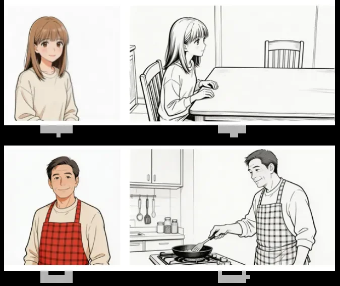 시댄스 공식 스토리보드+캐릭터 분리 참조 예시 — 아빠와 딸의 저녁식사 장면