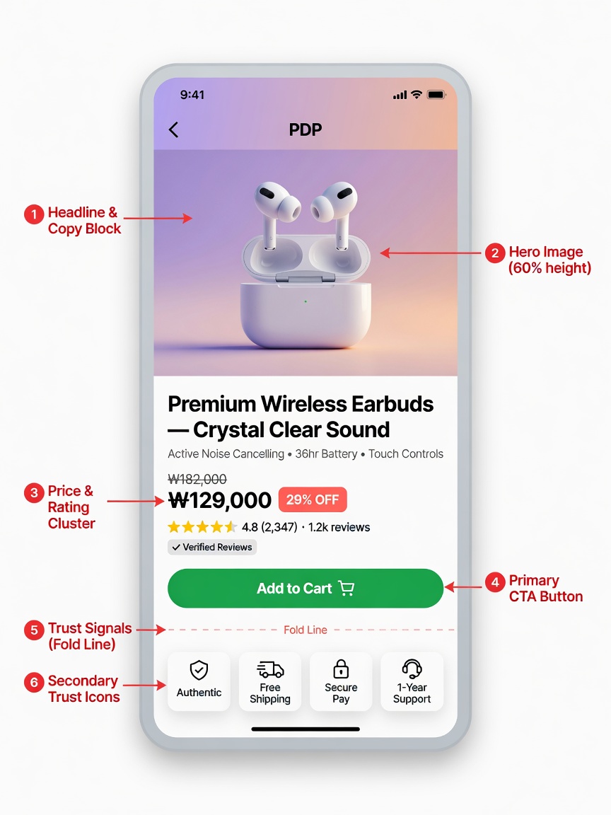 Mobile PDP hero anatomy — English labels